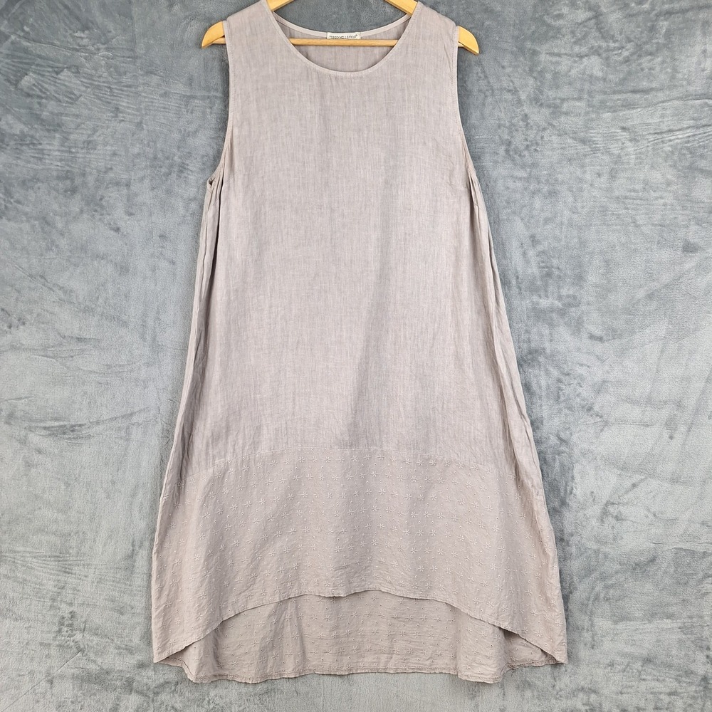 Terzo Millennio Dress XL Gray Linen Lagenlook Beach Coastal Resort Floral Eyelet